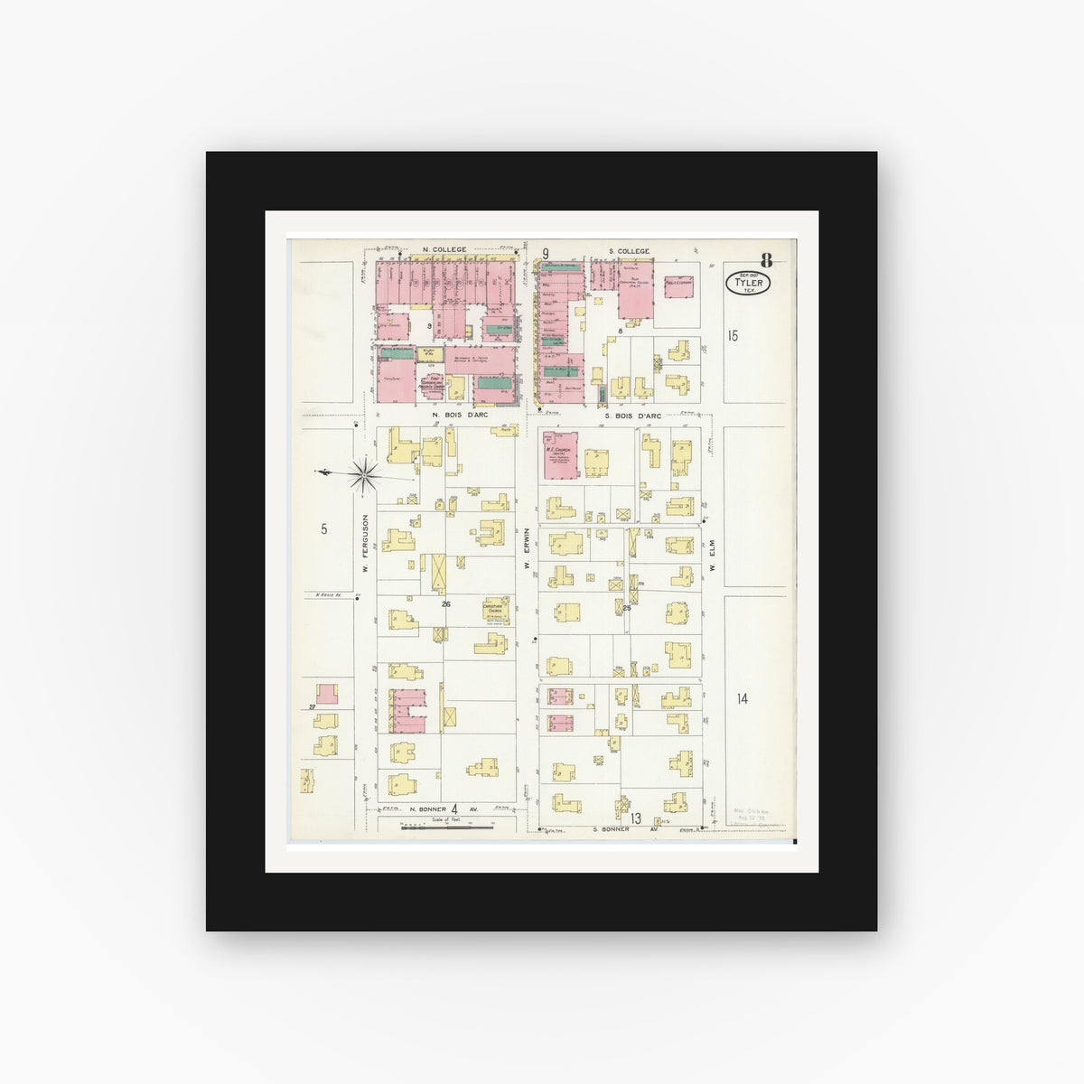 Old map wall art mockup — black gallery frame with white mat — Sanborn Fire Insurance Map from Tyler, Smith County, Texas (1907), Sheet #0008