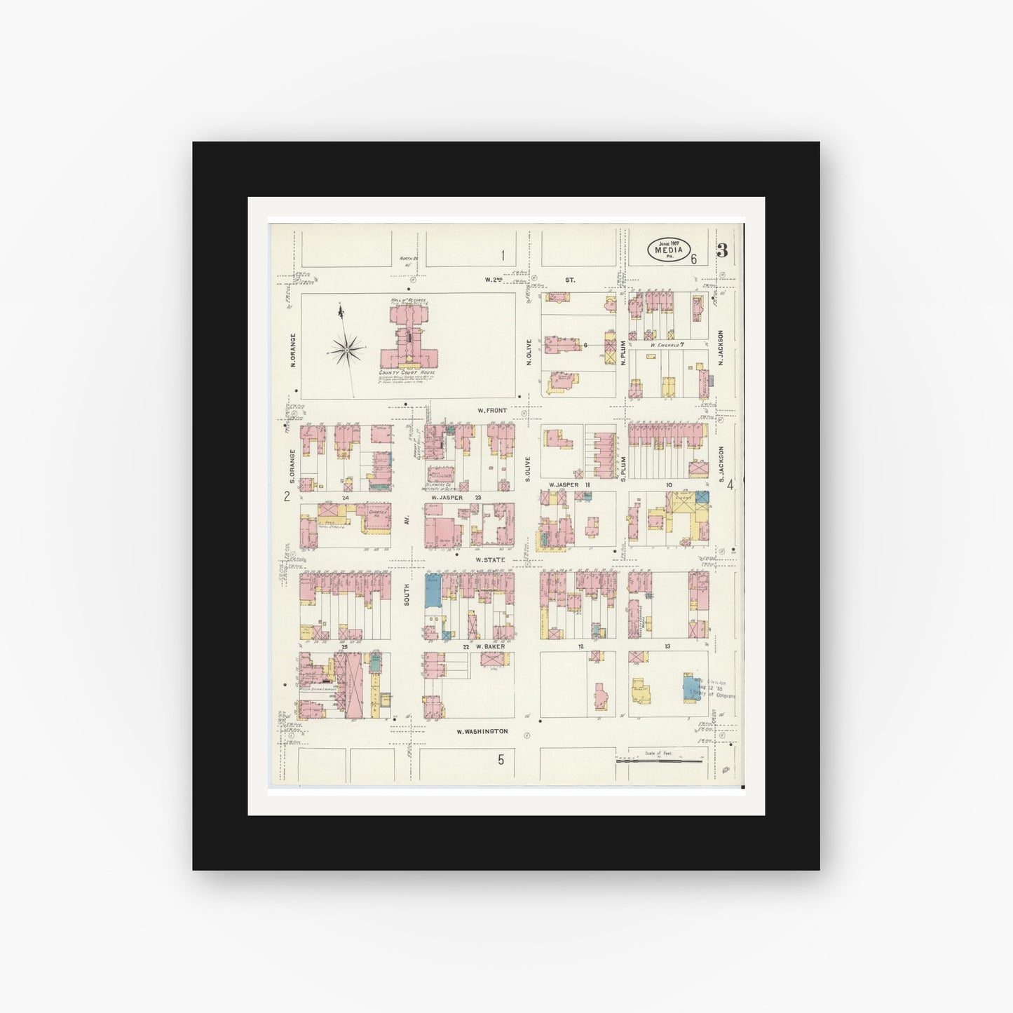 Old map wall art mockup — black gallery frame with white mat — Sanborn Fire Insurance Map from Media, Delaware County, Pennsylvania (1907), Sheet #0003