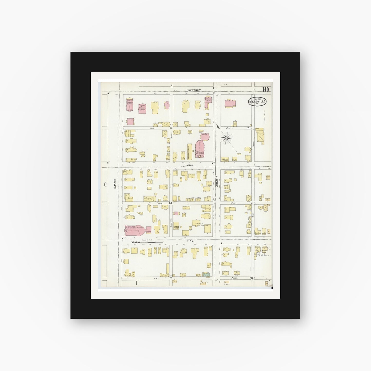 Old map wall art mockup — black gallery frame with white mat — Sanborn Fire Insurance Map from Meadville, Crawford County, Pennsylvania (1896), Sheet #0010