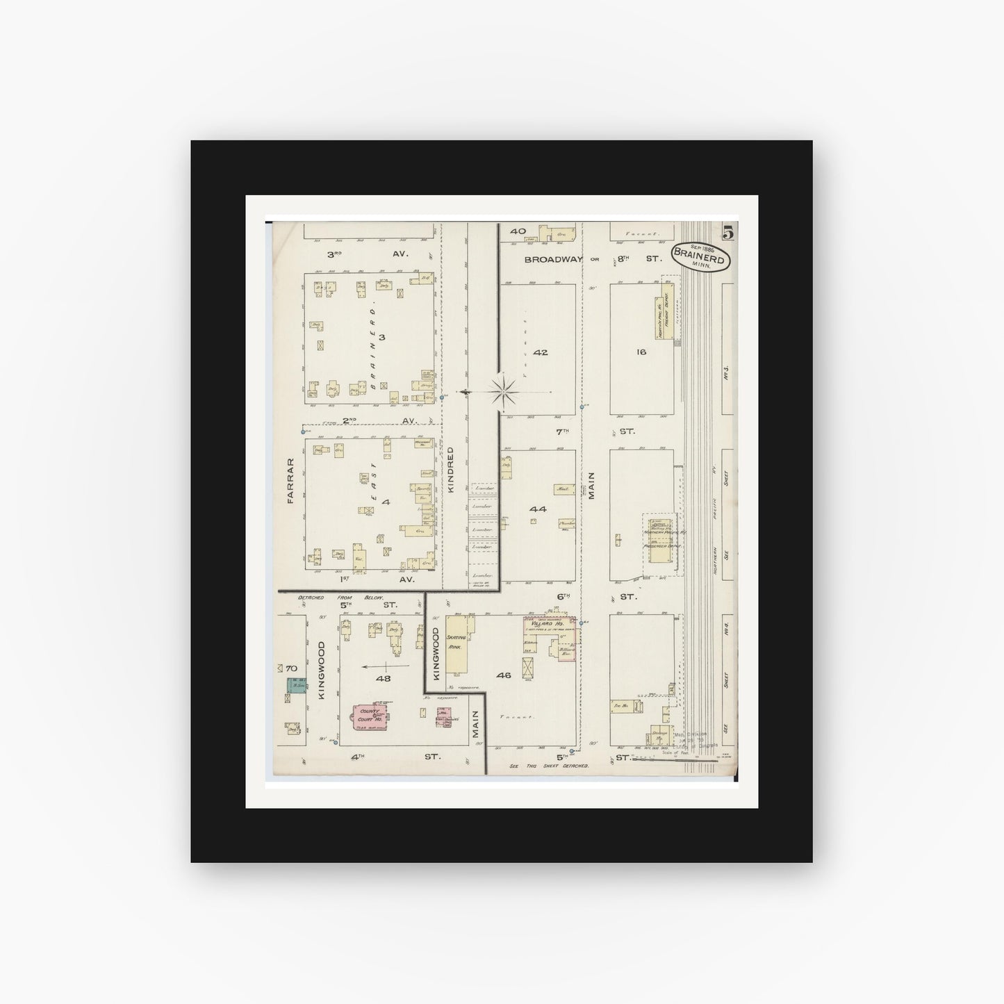 Old map wall art mockup — black gallery frame with white mat — Sanborn Fire Insurance Map from Brainerd, Crow Wing County, Minnesota (1885), Sheet #0005
