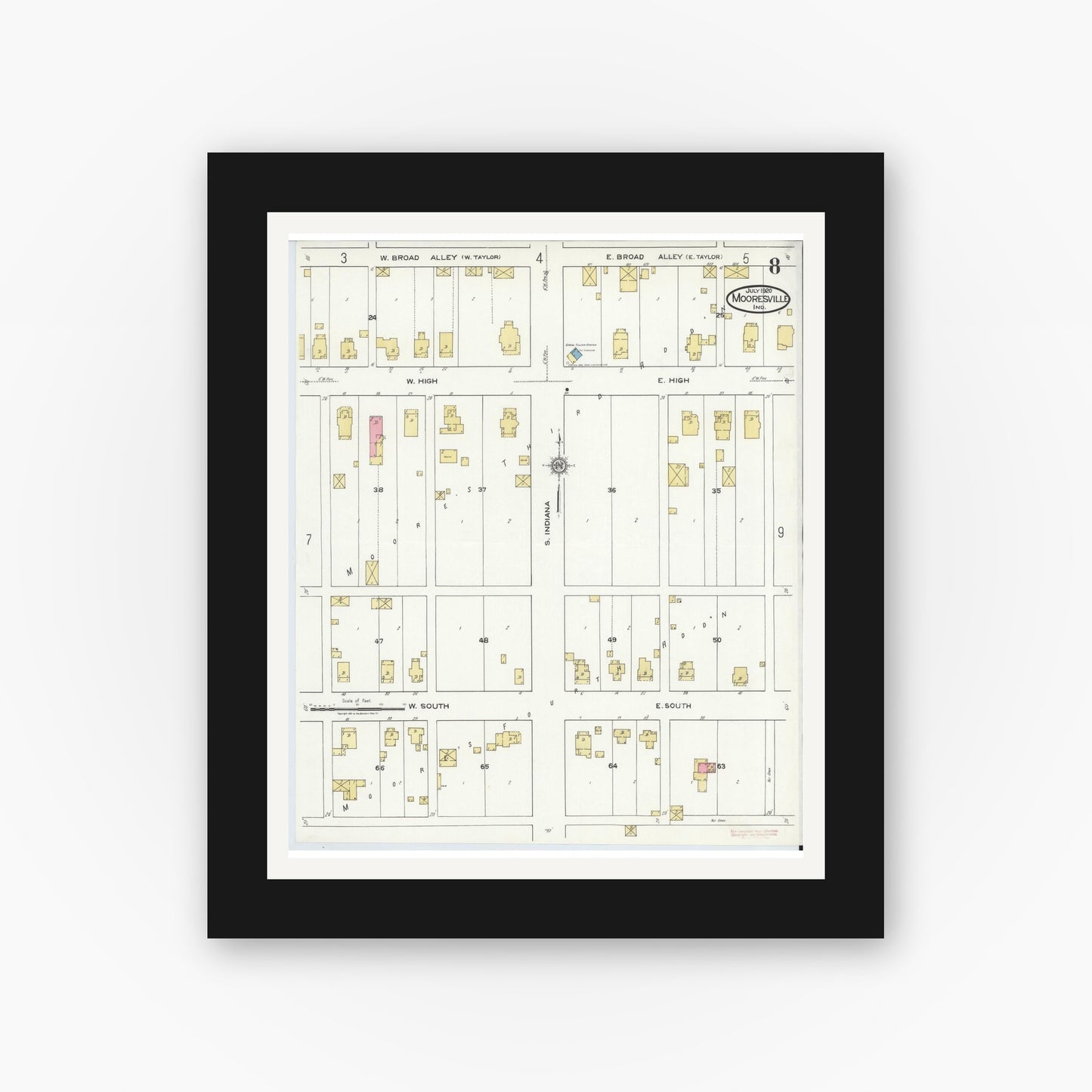 Old map wall art mockup — black gallery frame with white mat — Sanborn Fire Insurance Map from Mooresville, Morgan County, Indiana (1920), Sheet #0008