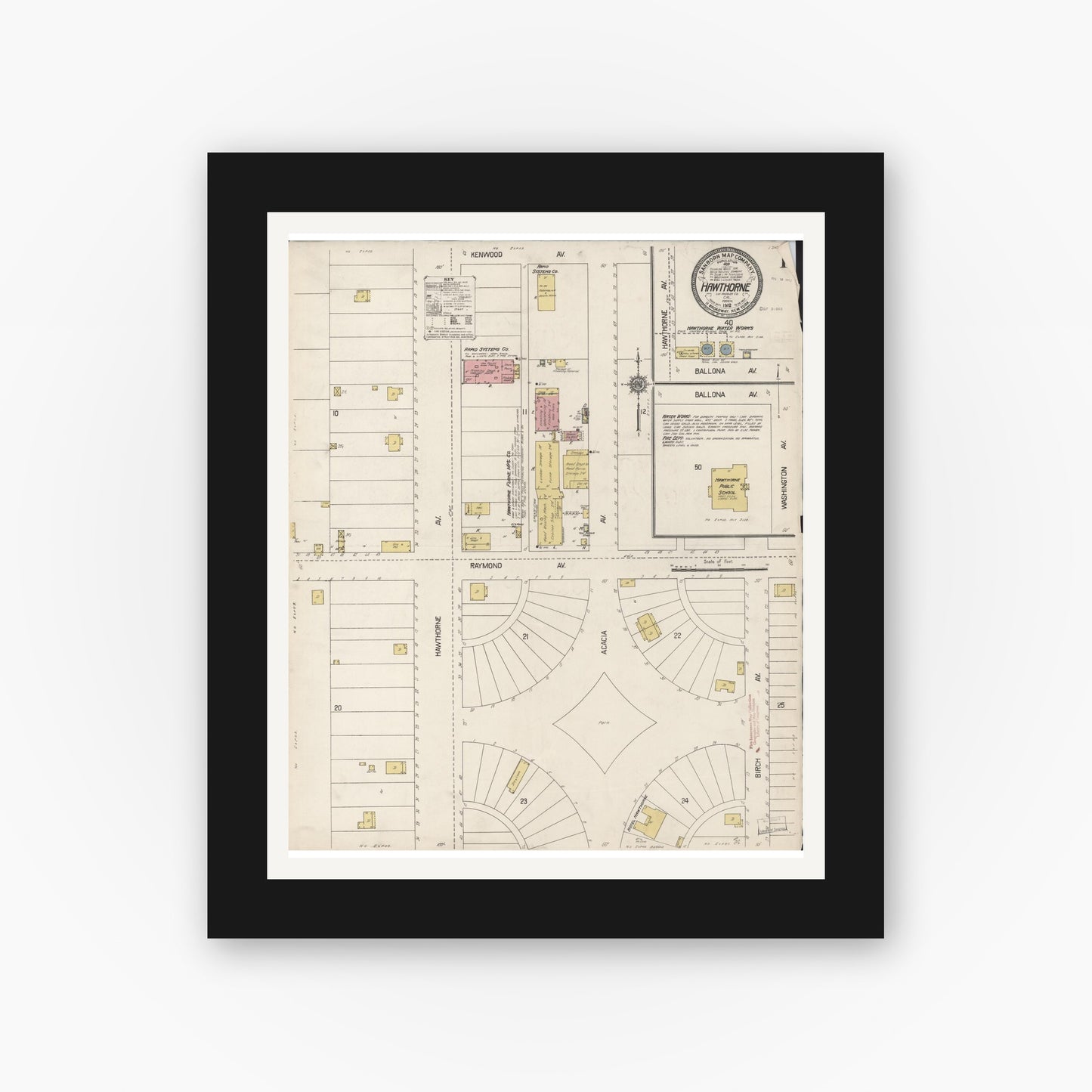 Old map wall art mockup — black gallery frame with white mat — Sanborn Fire Insurance Map from Hawthorne, Los Angeles County, California (1912), Sheet #0001