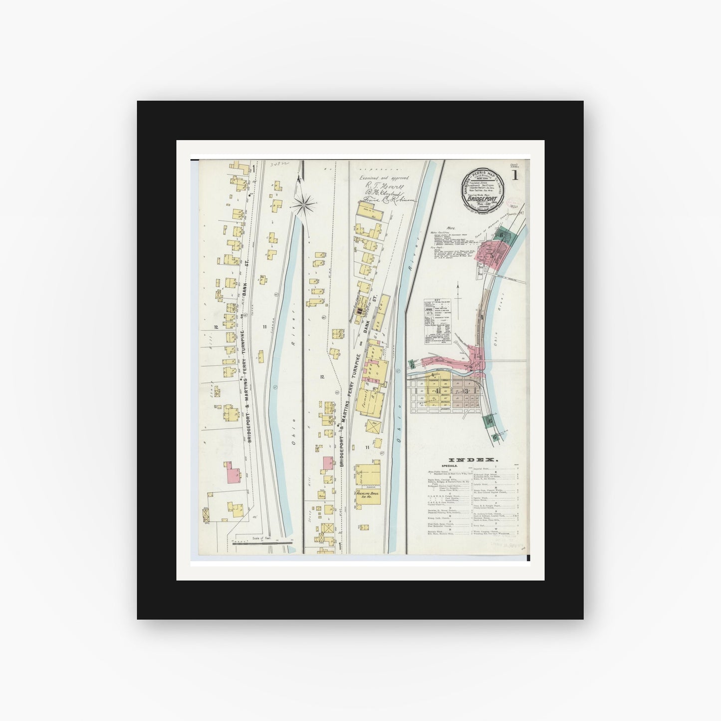 Old map wall art mockup — black gallery frame with white mat — Sanborn Fire Insurance Map from Bridgeport, Belmont County, Ohio (1897), Sheet #0001