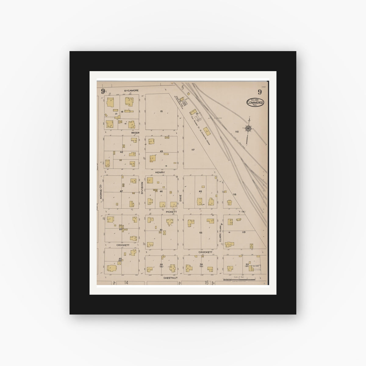 Old map wall art mockup — black gallery frame with white mat — Sanborn Fire Insurance Map from Commerce, Hunt County, Texas (1922), Sheet #0009