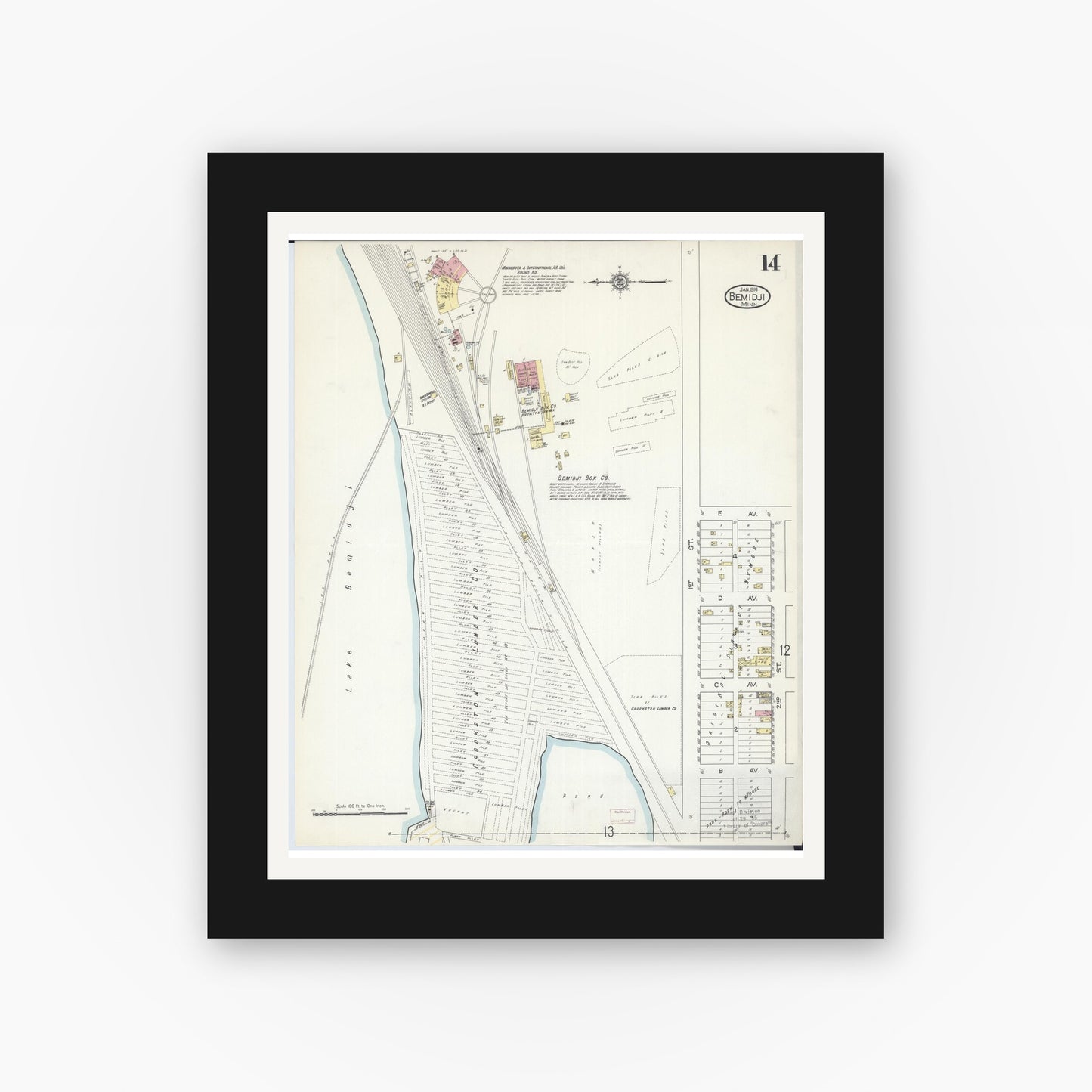 Old map wall art mockup — black gallery frame with white mat — Sanborn Fire Insurance Map from Bemidji, Beltrami County, Minnesota (1914), Sheet #0014