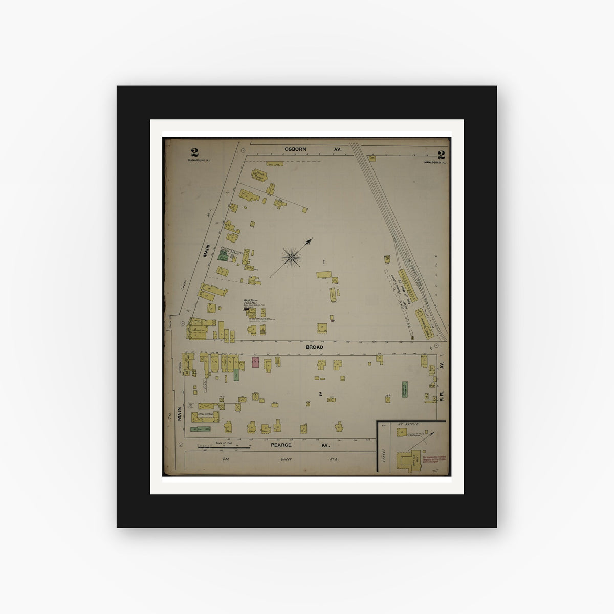 Old map wall art mockup — black gallery frame with white mat — Sanborn Fire Insurance Map from New Jersey Coast, New Jersey Coast, New Jersey (1890), Sheet #0002
