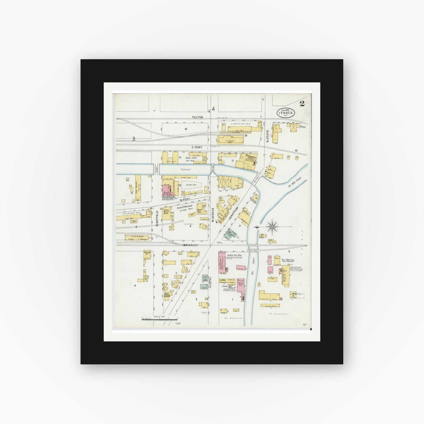 Old map wall art mockup — black gallery frame with white mat — Sanborn Fire Insurance Map from Ithaca, Tompkins County, New York (1898) - Complete Map Set
