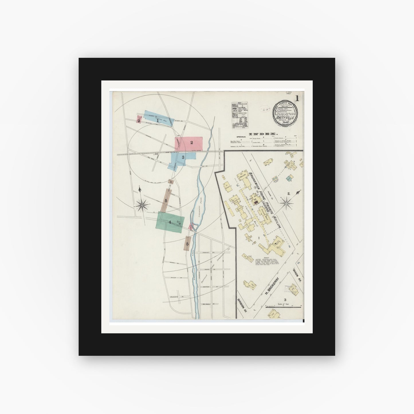 Old map wall art mockup — black gallery frame with white mat — Sanborn Fire Insurance Map from Amityville, Suffolk County, New York (1890), Sheet #0001