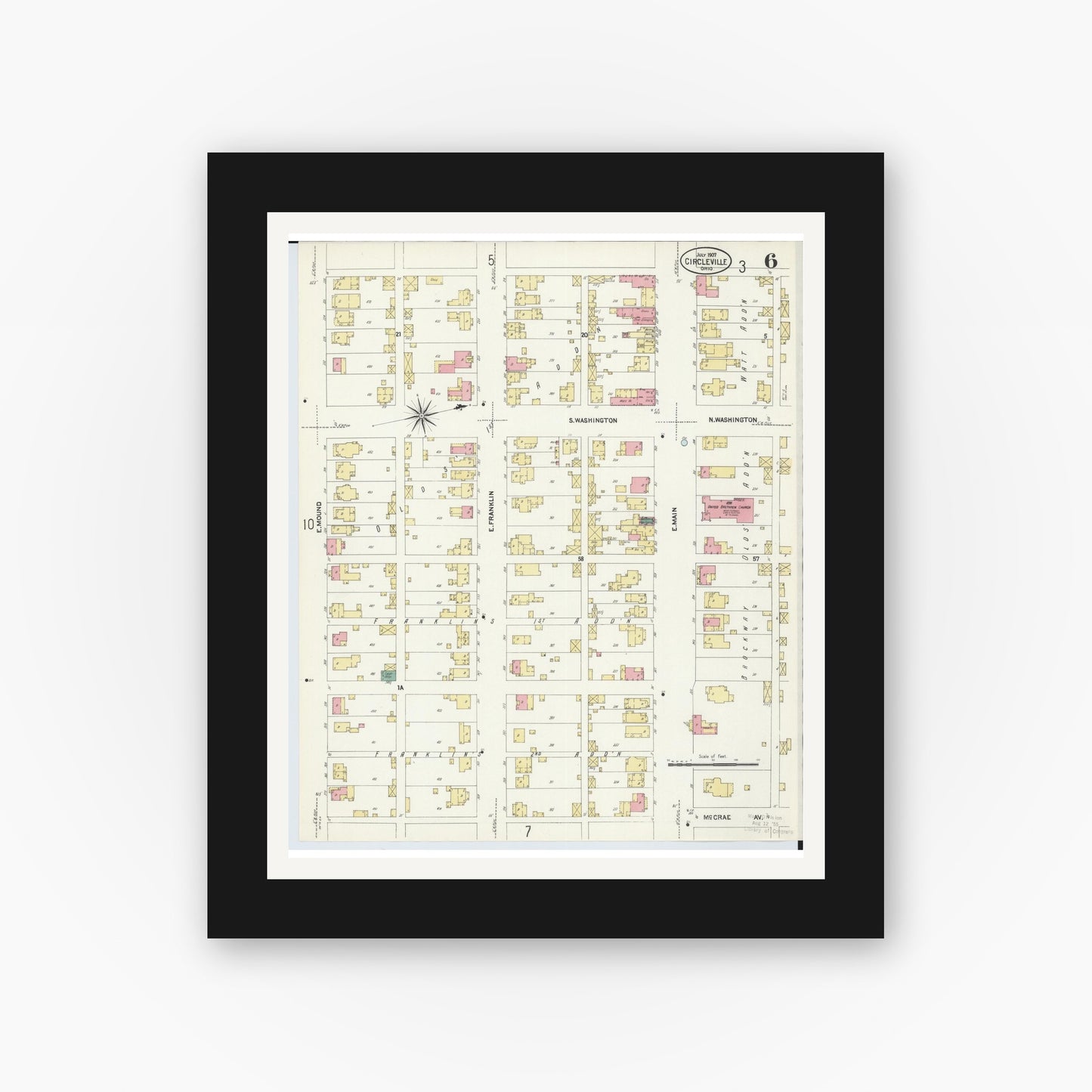 Old map wall art mockup — black gallery frame with white mat — Sanborn Fire Insurance Map from Circleville, Pickaway County, Ohio (1907), Sheet #0006