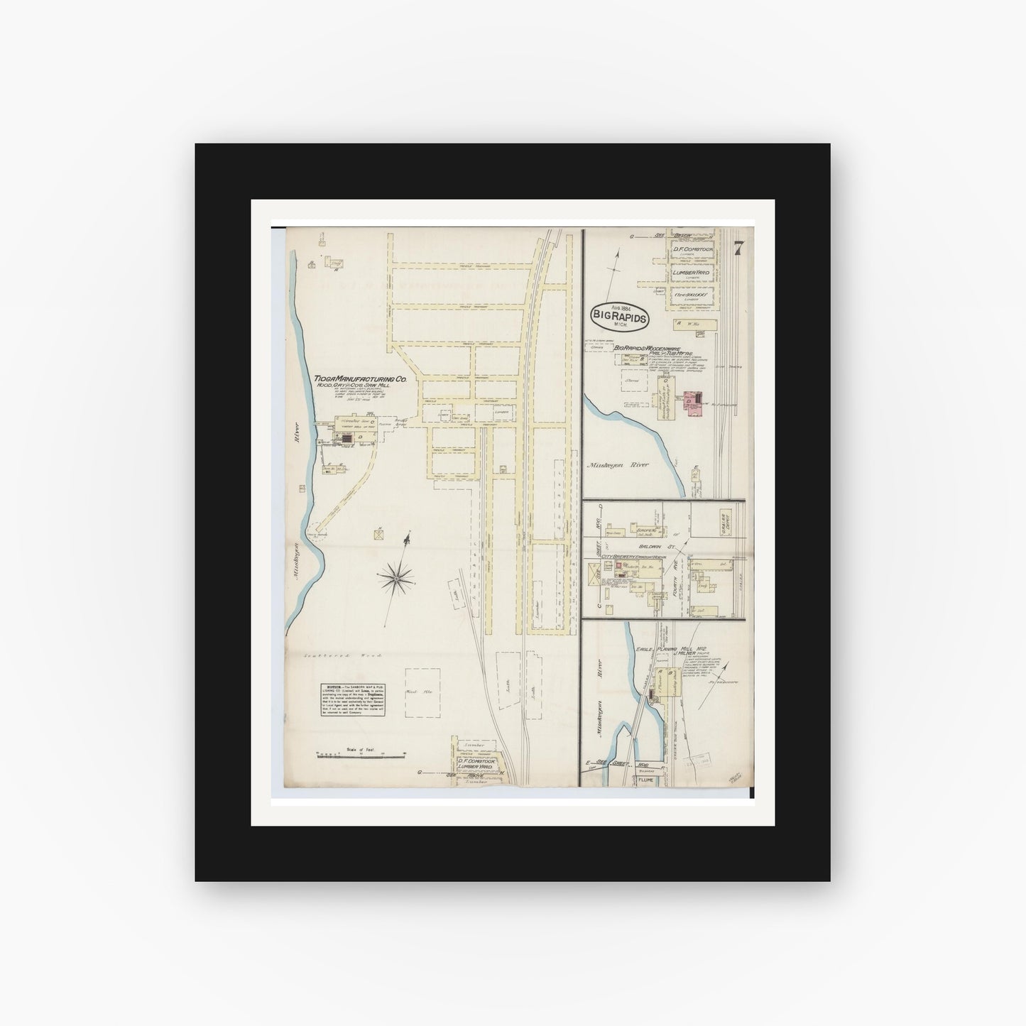 Old map wall art mockup — black gallery frame with white mat — Sanborn Fire Insurance Map from Big Rapids, Mecosta County, Michigan (1884), Sheet #0007