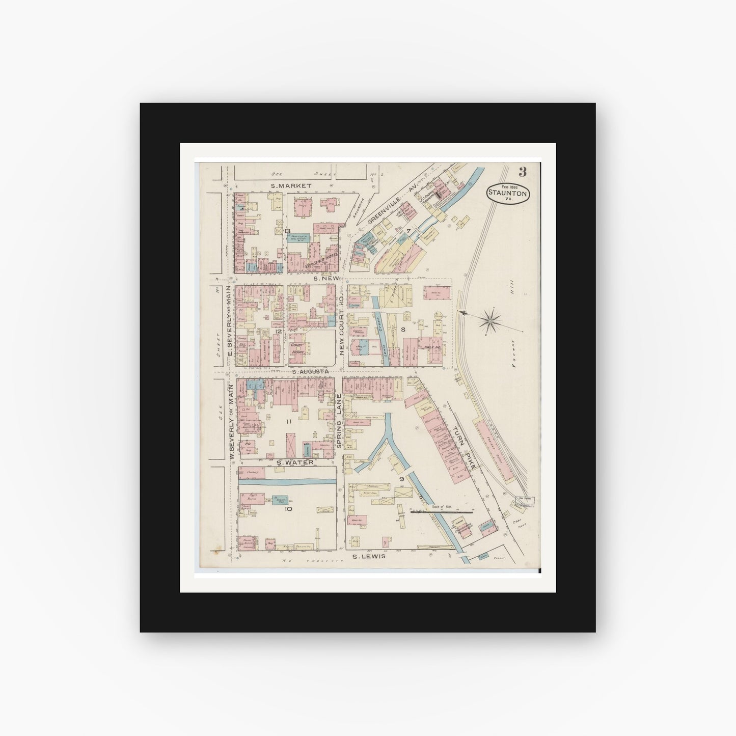 Old map wall art mockup — black gallery frame with white mat — Sanborn Fire Insurance Map from Staunton, Independent Cities, Virginia (1886), Sheet #0003