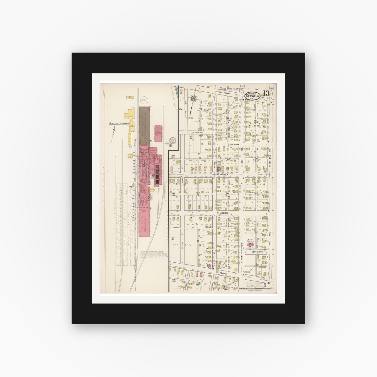 Old map wall art mockup — black gallery frame with white mat — Sanborn Fire Insurance Map from Decatur, Adams County, Indiana (1922), Sheet #0013