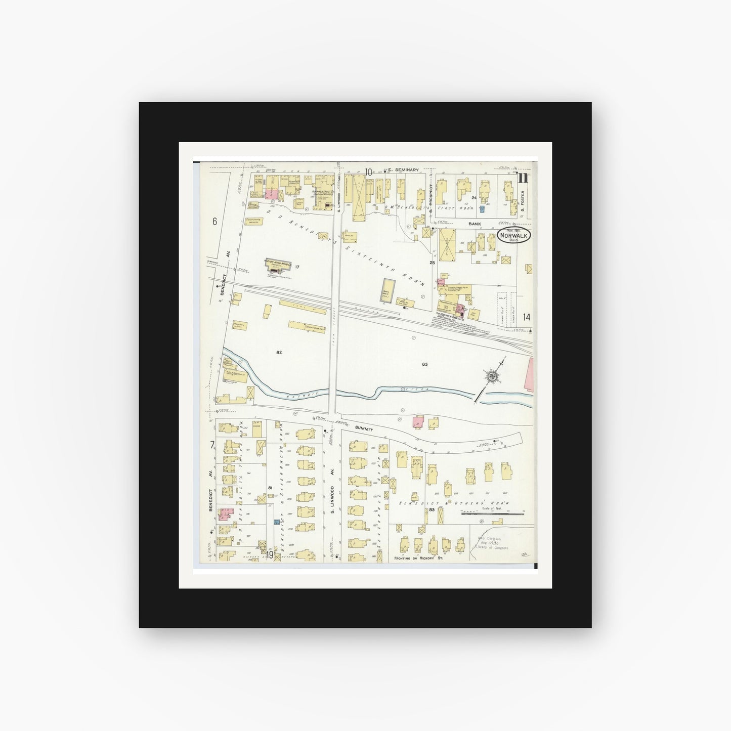 Old map wall art mockup — black gallery frame with white mat — Sanborn Fire Insurance Map from Norwalk, Huron County, Ohio (1911), Sheet #0011