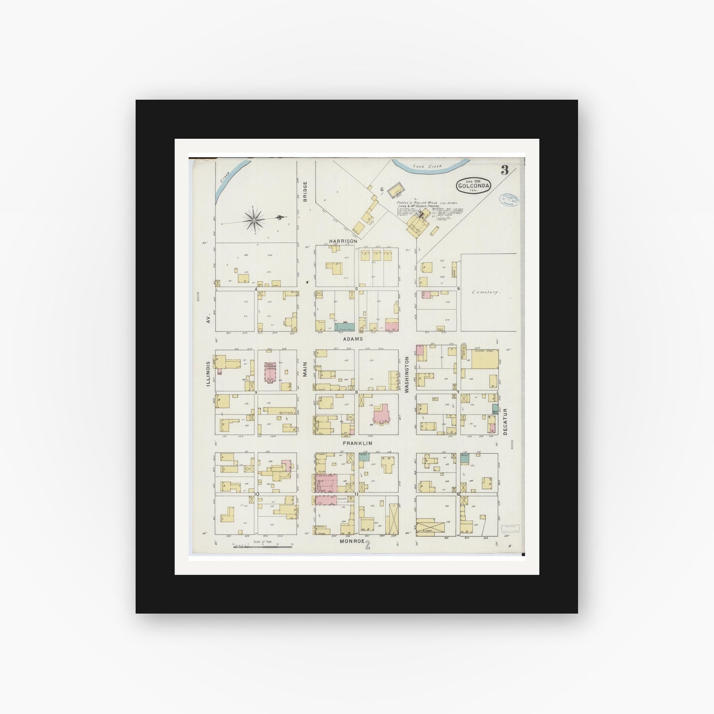Old map wall art mockup — black gallery frame with white mat — Sanborn Fire Insurance Map from Golconda, Pope County, Illinois (1894), Sheet #0003