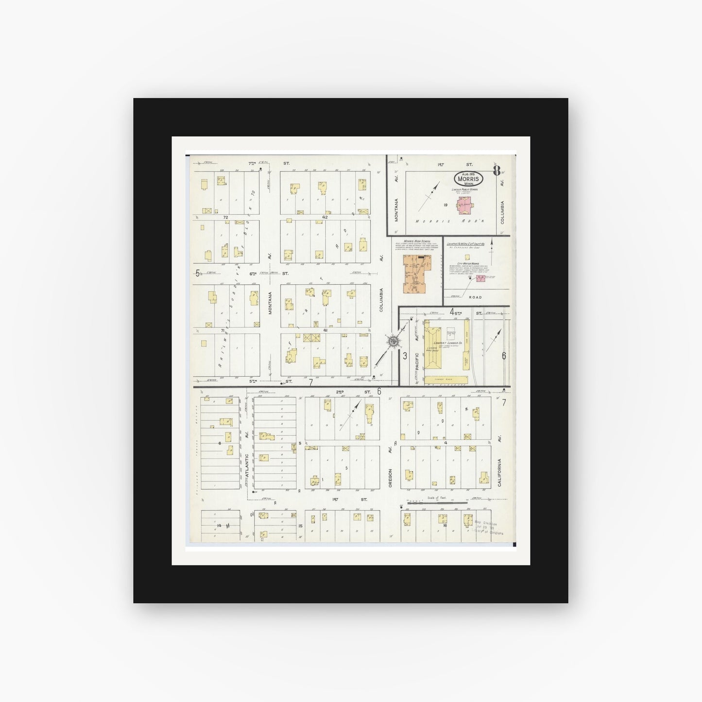 Old map wall art mockup — black gallery frame with white mat — Sanborn Fire Insurance Map from Morris, Stevens County, Minnesota (1915), Sheet #0008