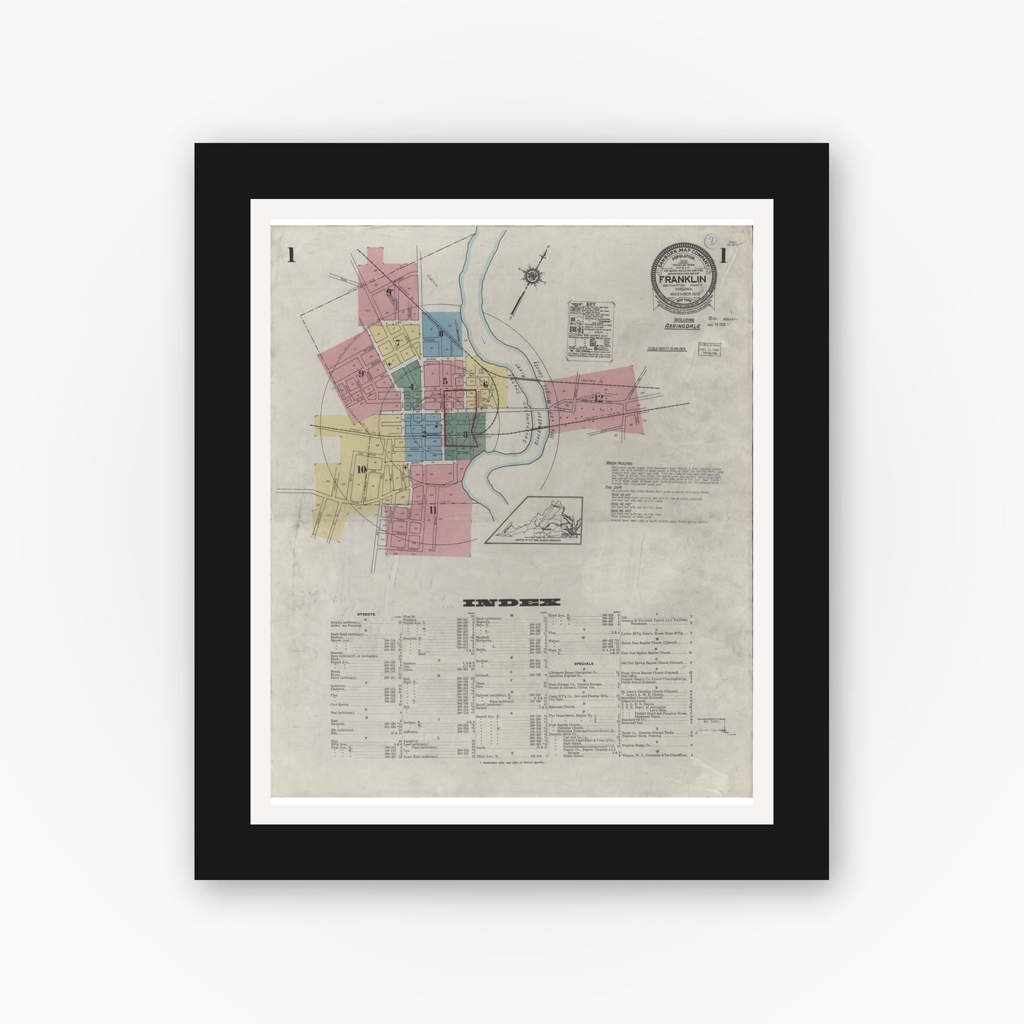 Old map wall art mockup — black gallery frame with white mat — Sanborn Fire Insurance Map from Franklin, Independent Cities, Virginia (1923) - Complete Map Set