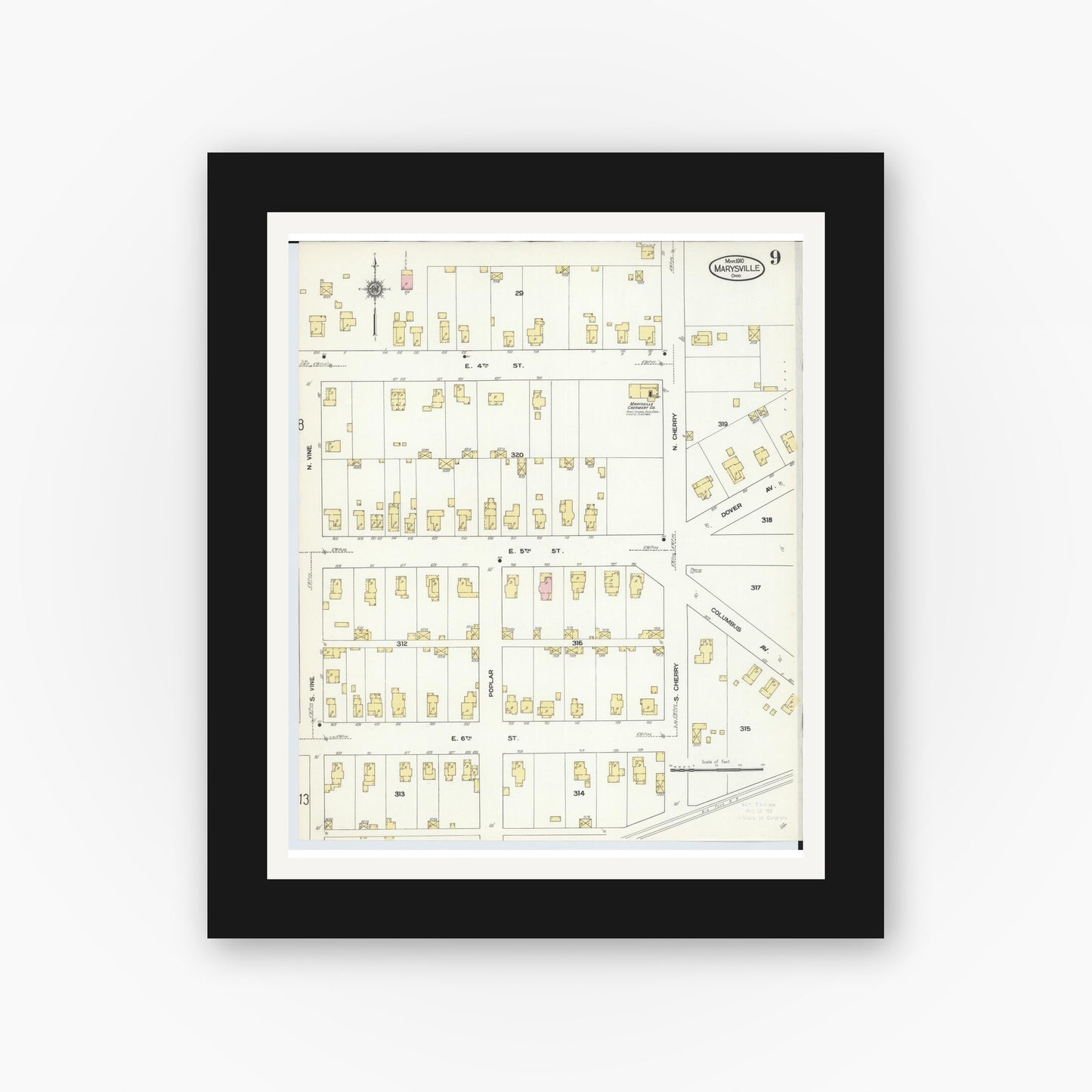Old map wall art mockup — black gallery frame with white mat — Sanborn Fire Insurance Map from Marysville, Union County, Ohio (1910), Sheet #0009