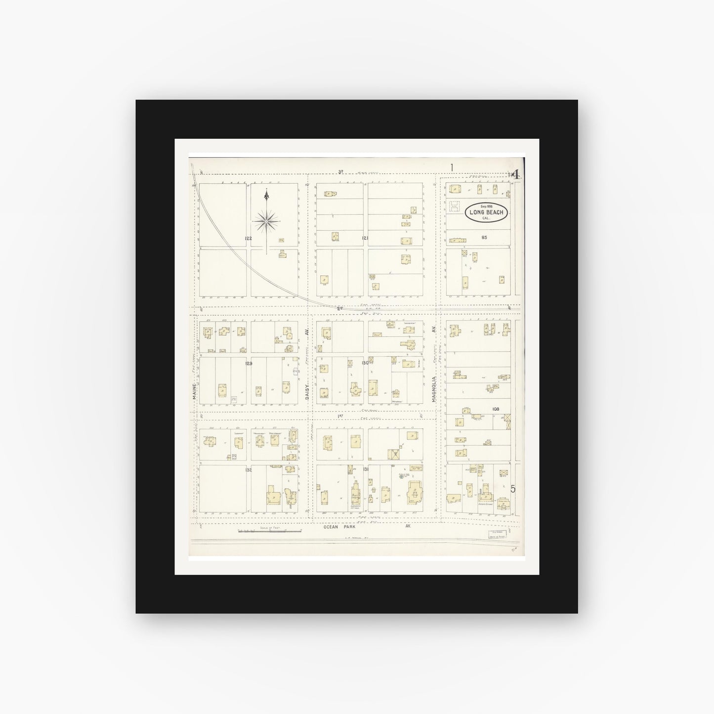 Old map wall art mockup — black gallery frame with white mat — Sanborn Fire Insurance Map from Long Beach, Los Angeles County, California (1898), Sheet #0004