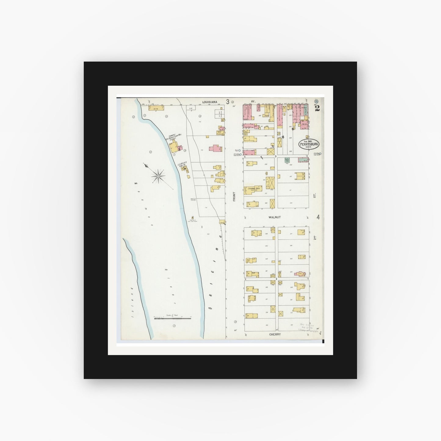 Old map wall art mockup — black gallery frame with white mat — Sanborn Fire Insurance Map from Perrysburg, Wood County, Ohio (1900), Sheet #0002