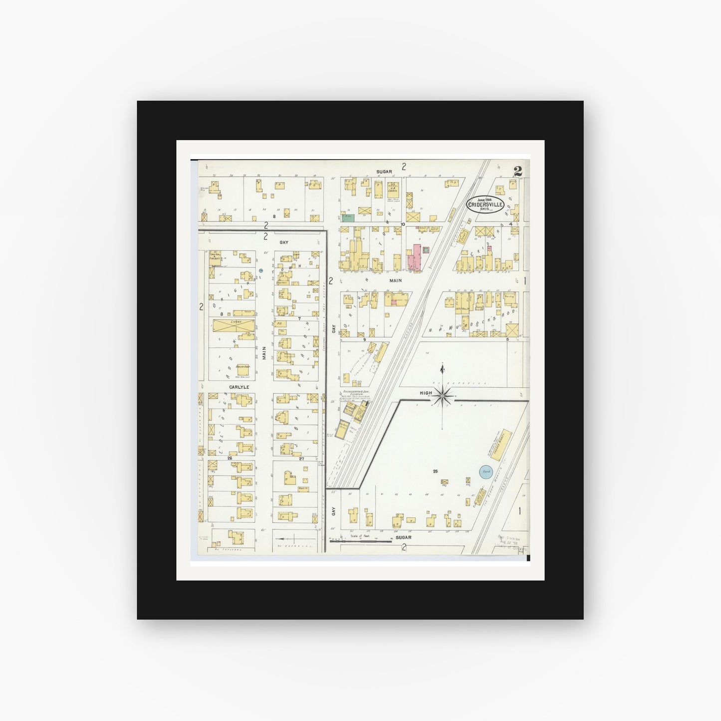 Old map wall art mockup — black gallery frame with white mat — Sanborn Fire Insurance Map from Cridersville, Auglaize County, Ohio (1904), Sheet #0002