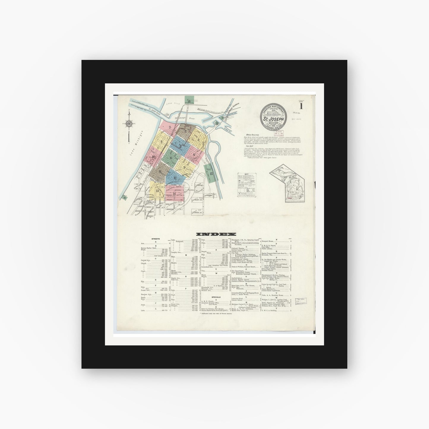 Old map wall art mockup — black gallery frame with white mat — Sanborn Fire Insurance Map from Saint Joseph, Berrien County, Michigan (1913) - Complete Map Set