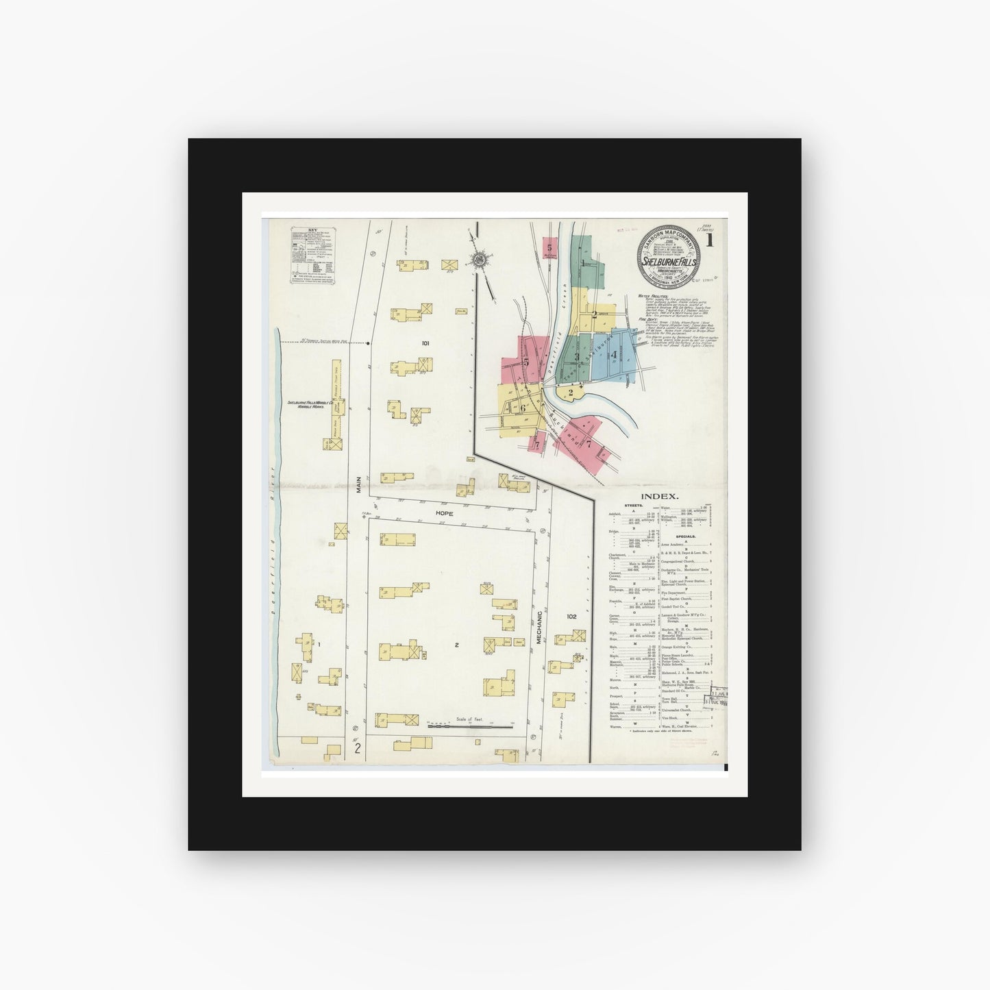 Old map wall art mockup — black gallery frame with white mat — Sanborn Fire Insurance Map from Shelburne Falls, Franklin County, Massachusetts (1910), Sheet #0001