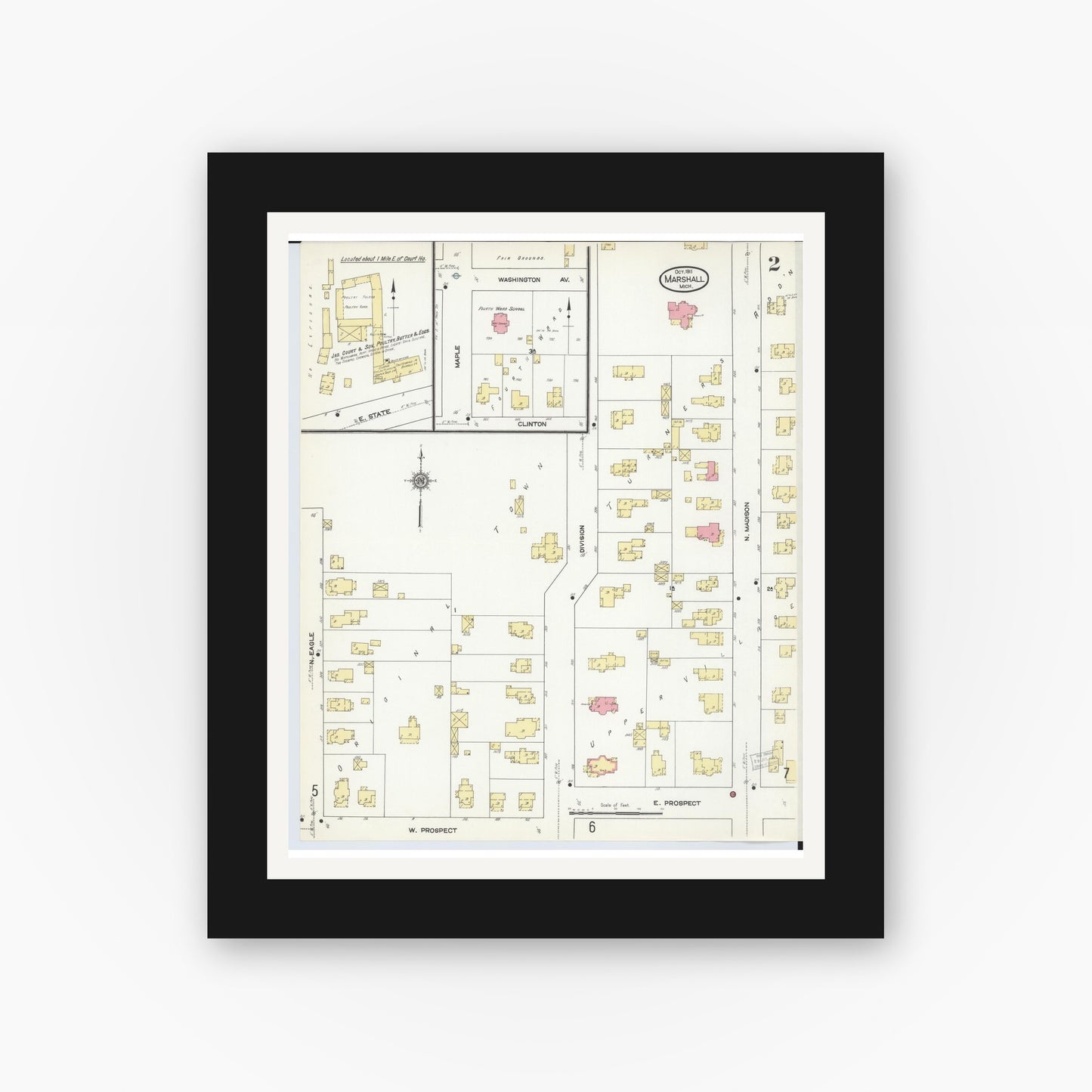 Old map wall art mockup — black gallery frame with white mat — Sanborn Fire Insurance Map from Marshall, Calhoun County, Michigan (1911), Sheet #0002