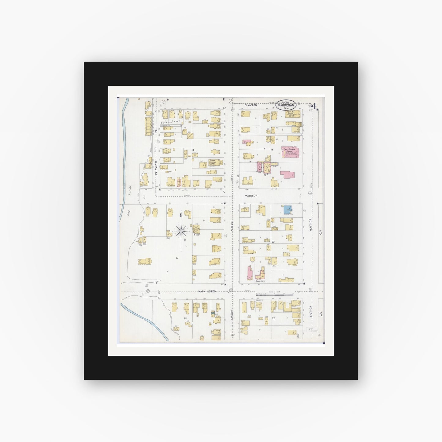 Old map wall art mockup — black gallery frame with white mat — Sanborn Fire Insurance Map from Waukegan, Lake County, Illinois (1906), Sheet #0004