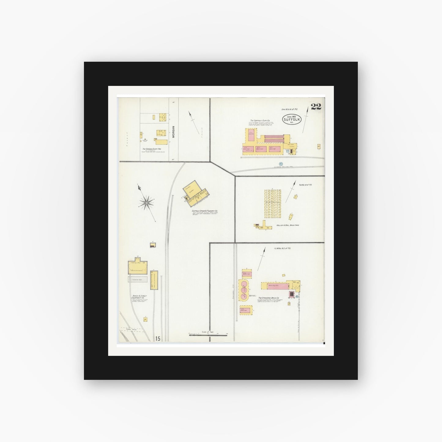 Old map wall art mockup — black gallery frame with white mat — Sanborn Fire Insurance Map from Suffolk, Independent Cities, Virginia (1903), Sheet #0022