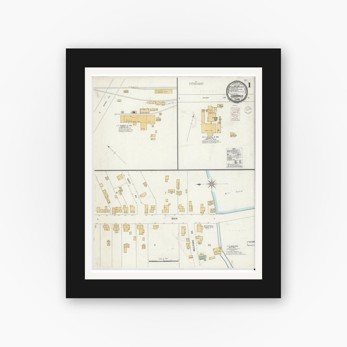 Old map wall art mockup — black gallery frame with white mat — Sanborn Fire Insurance Map from Cedarville, Cumberland County, New Jersey (1900) - Complete Map Set