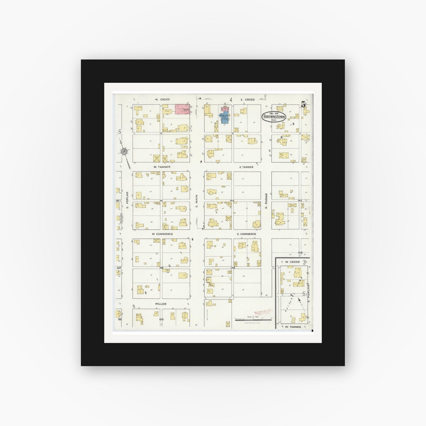 Old map wall art mockup — black gallery frame with white mat — Sanborn Fire Insurance Map from Brownstown, Jackson County, Indiana (1916), Sheet #0005