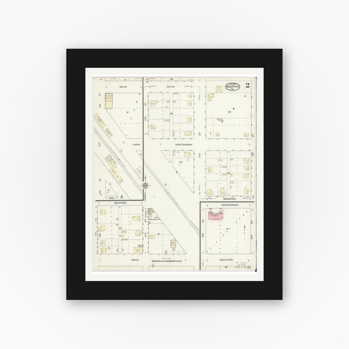 Old map wall art mockup — black gallery frame with white mat — Sanborn Fire Insurance Map from Memphis, Hall County, Texas (1914), Sheet #0002