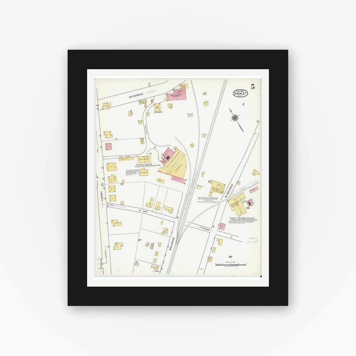 Old map wall art mockup — black gallery frame with white mat — Sanborn Fire Insurance Map from Hamlet, Richmond County, North Carolina (1920), Sheet #0005