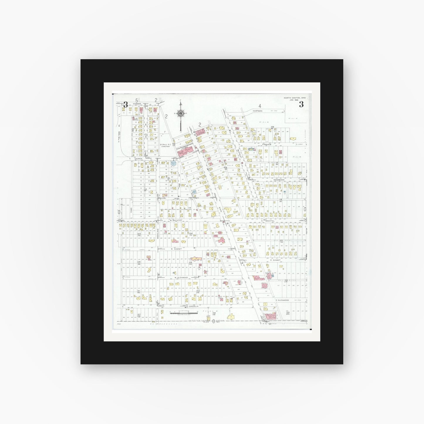 Old map wall art mockup — black gallery frame with white mat — Sanborn Fire Insurance Map from North Canton, Stark County, Ohio (1948), Sheet #0003