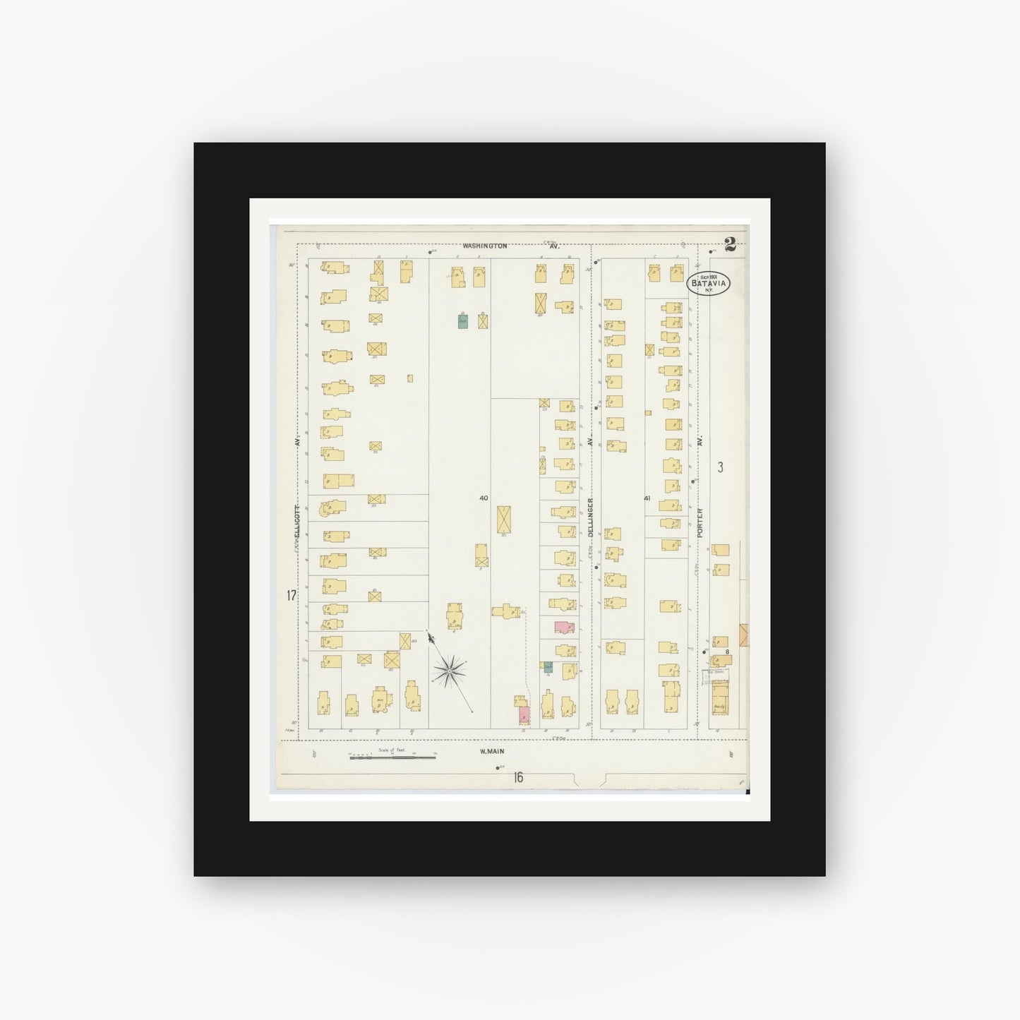 Old map wall art mockup — black gallery frame with white mat — Sanborn Fire Insurance Map from Batavia, Genesee County, New York (1901) - Complete Map Set