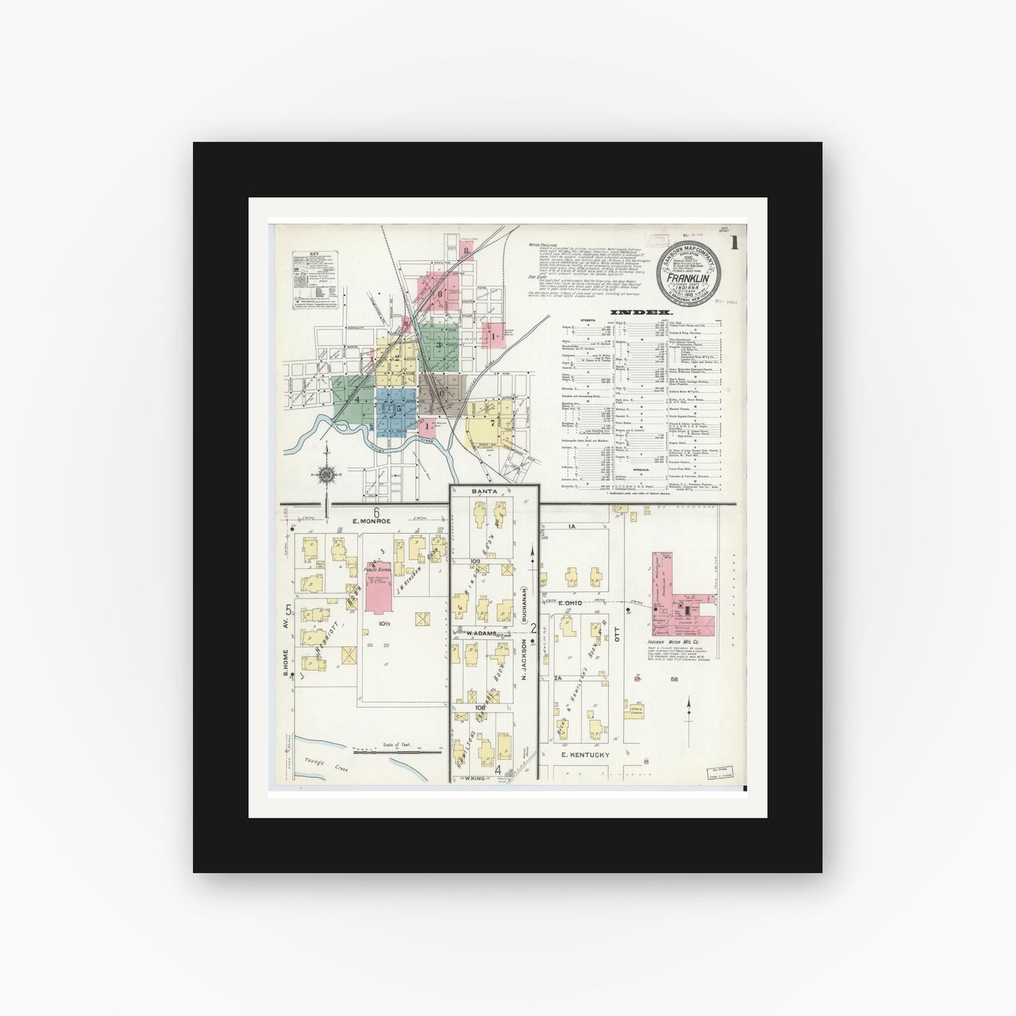 Old map wall art mockup — black gallery frame with white mat — Sanborn Fire Insurance Map from Franklin, Johnson County, Indiana (1910), Sheet #0001