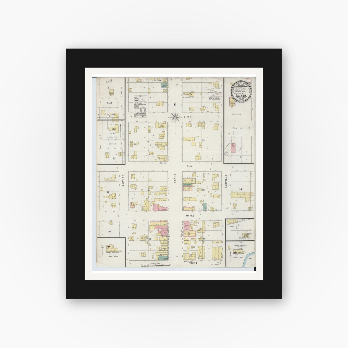 Old map wall art mockup — black gallery frame with white mat — Sanborn Fire Insurance Map from Luther, Lake County, Michigan (1894), Sheet #0001