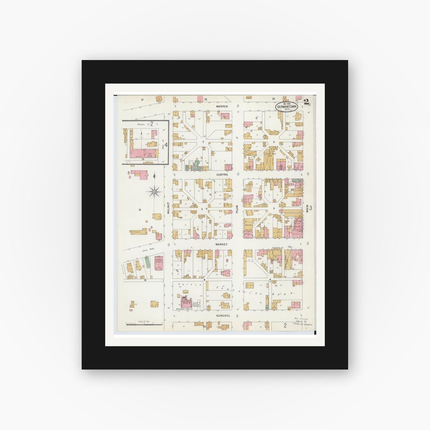 Old map wall art mockup — black gallery frame with white mat — Sanborn Fire Insurance Map from Germantown, Montgomery County, Ohio (1899), Sheet #0002