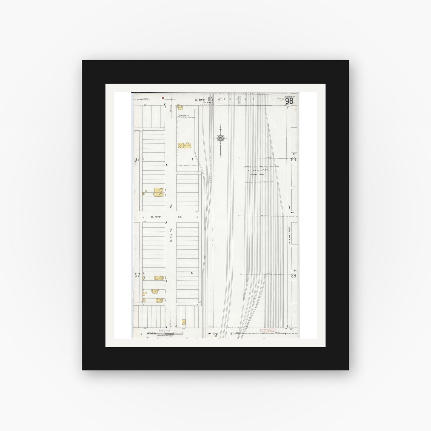 Old map wall art mockup — black gallery frame with white mat — Sanborn Fire Insurance Map from Chicago, Cook County, Illinois (1920), Sheet #0098