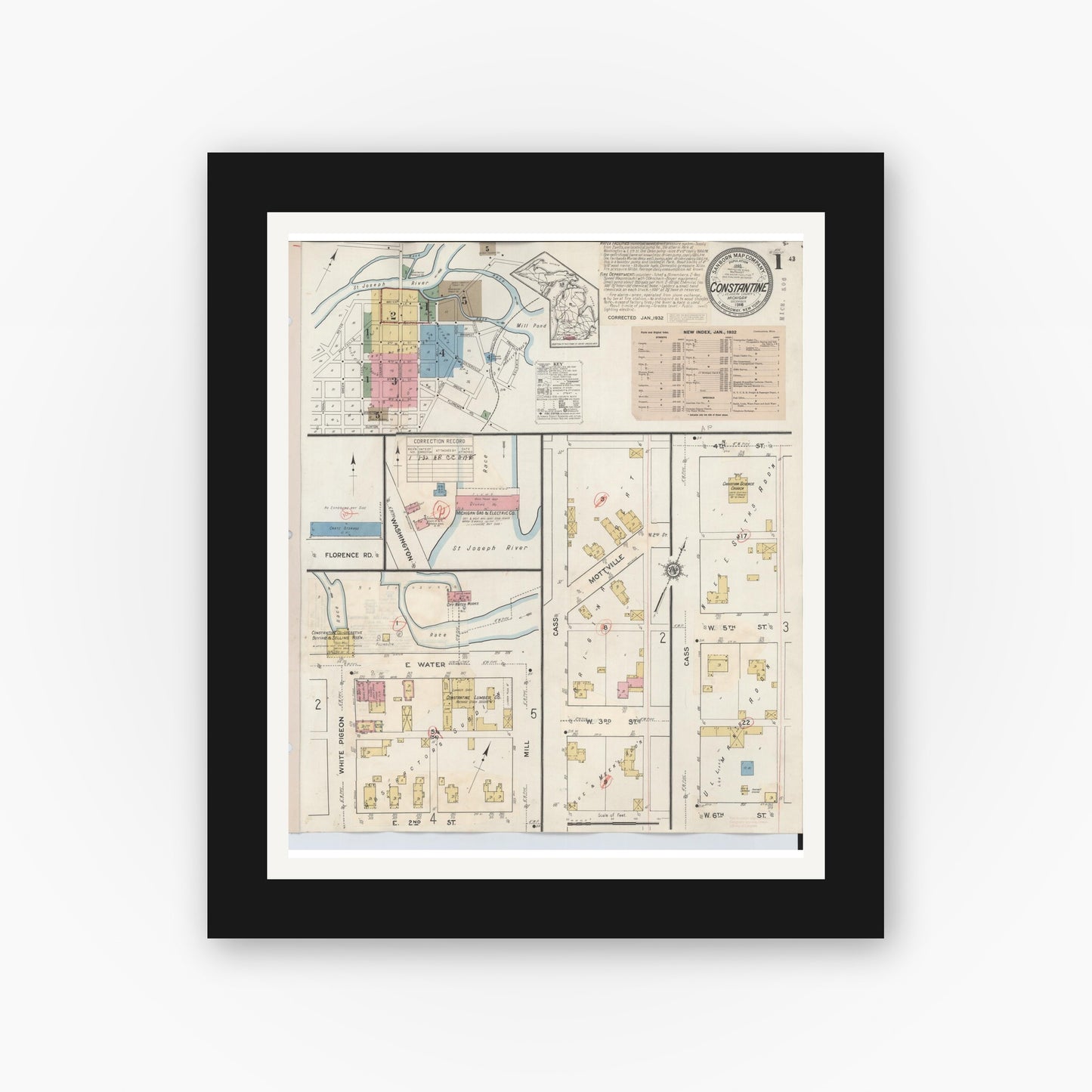 Old map wall art mockup — black gallery frame with white mat — Sanborn Fire Insurance Map from Constantine, Saint Joseph County, Michigan (1932), Sheet #0001