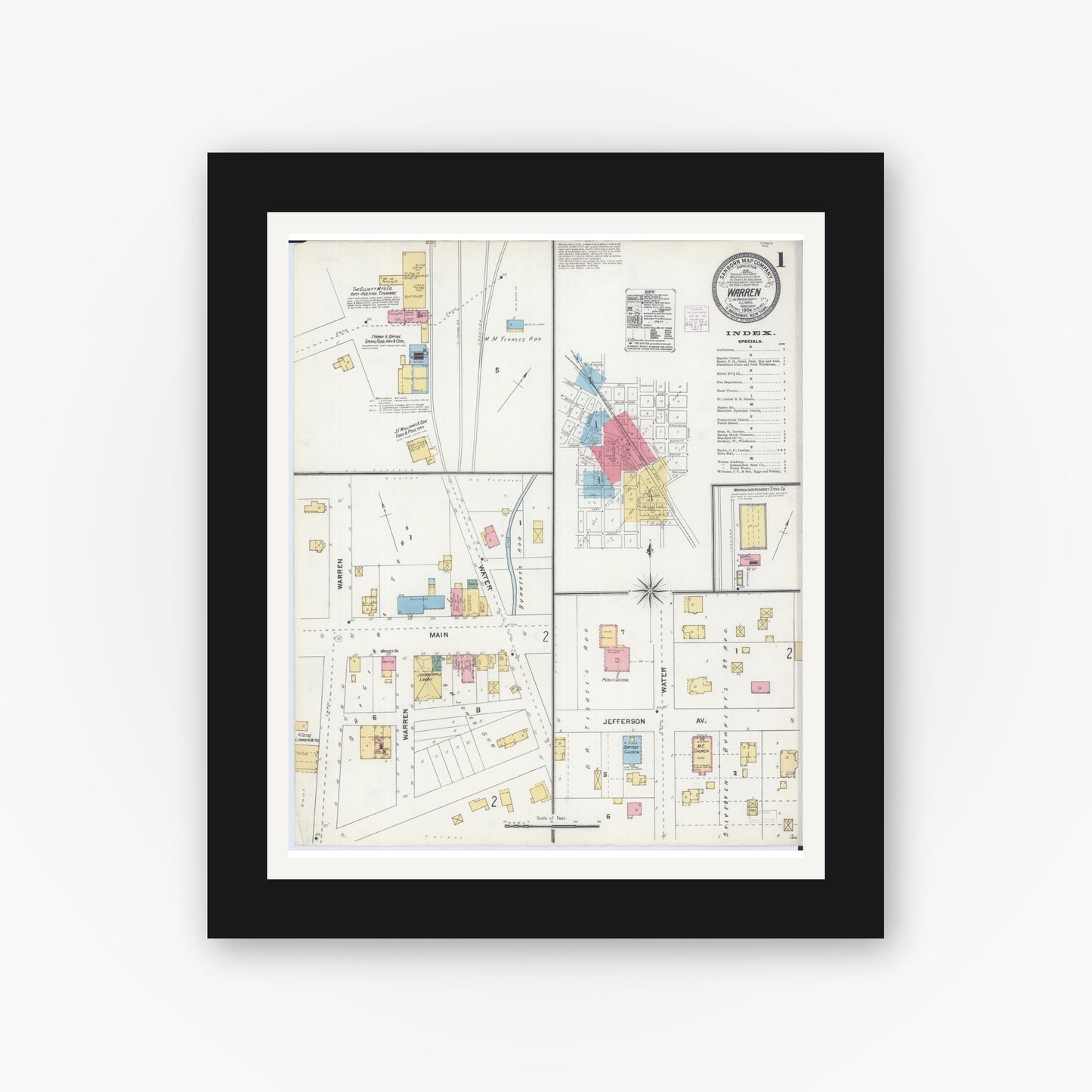 Old map wall art mockup — black gallery frame with white mat — Sanborn Fire Insurance Map from Warren, Jo Daviess County, Illinois (1904) - Complete Map Set