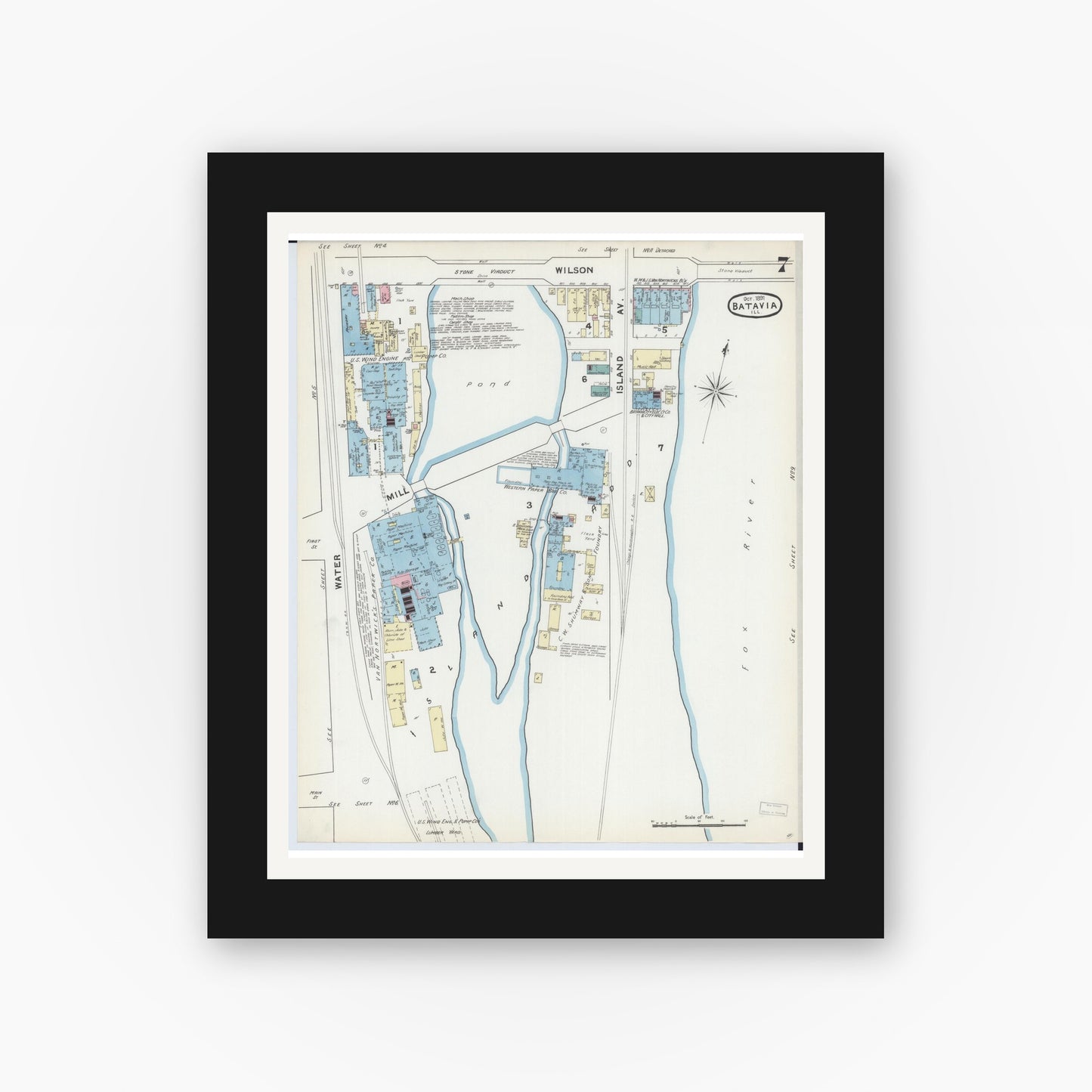 Old map wall art mockup — black gallery frame with white mat — Sanborn Fire Insurance Map from Batavia, Kane County, Illinois (1891), Sheet #0007
