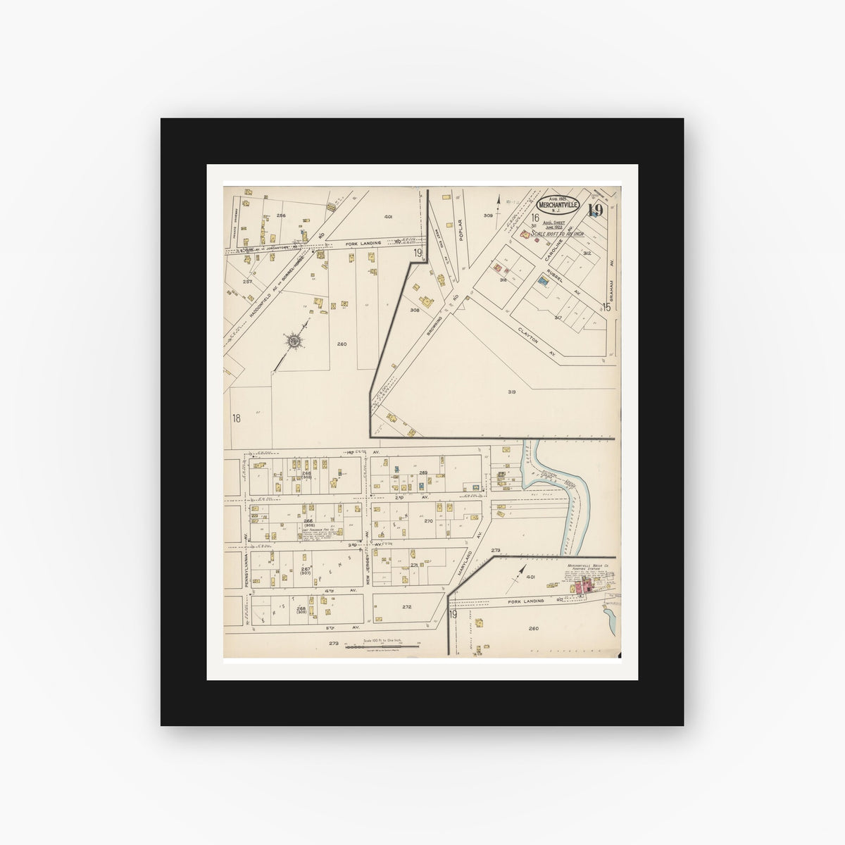Old map wall art mockup — black gallery frame with white mat — Sanborn Fire Insurance Map from Merchantville, Camden County, New Jersey (1921), Sheet #0019