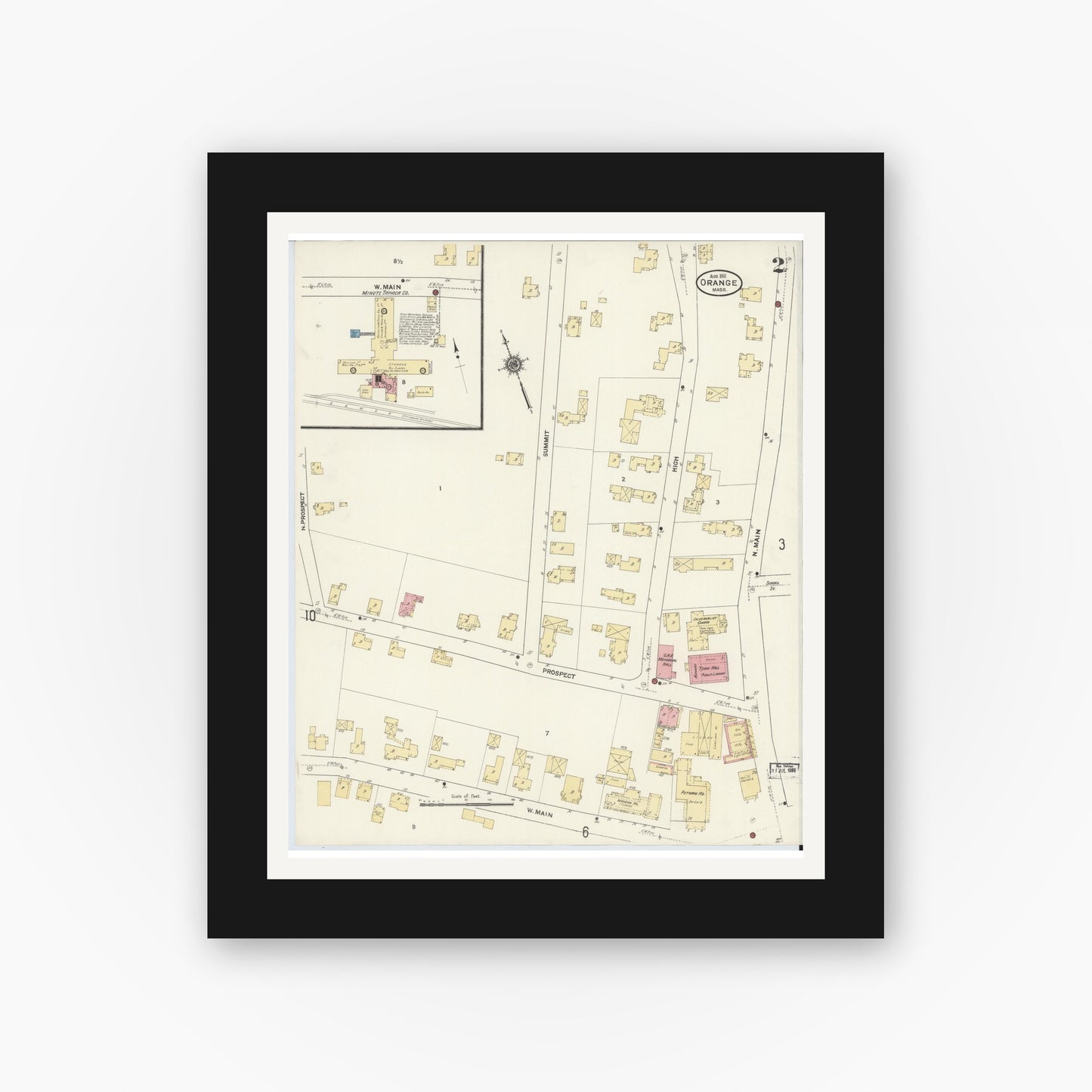Old map wall art mockup — black gallery frame with white mat — Sanborn Fire Insurance Map from Orange, Franklin County, Massachusetts (1911), Sheet #0002