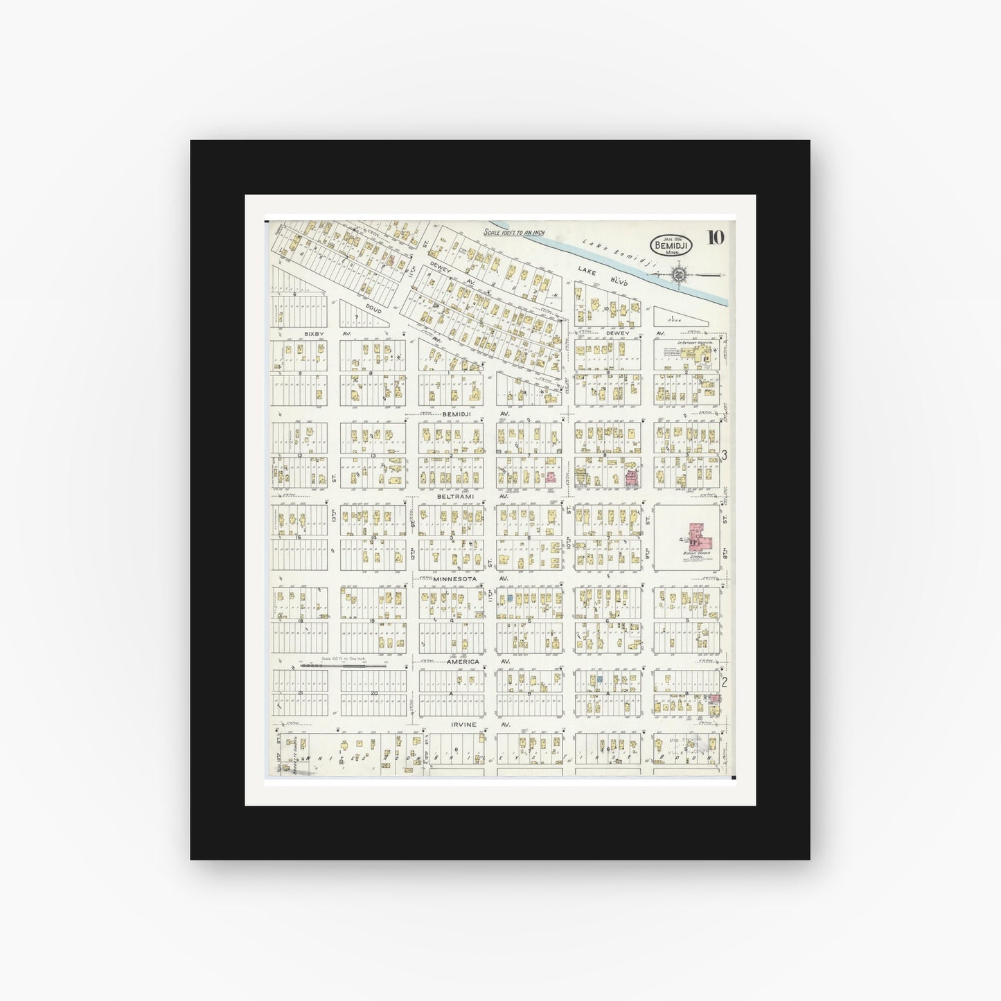 Old map wall art mockup — black gallery frame with white mat — Sanborn Fire Insurance Map from Bemidji, Beltrami County, Minnesota (1916), Sheet #0010