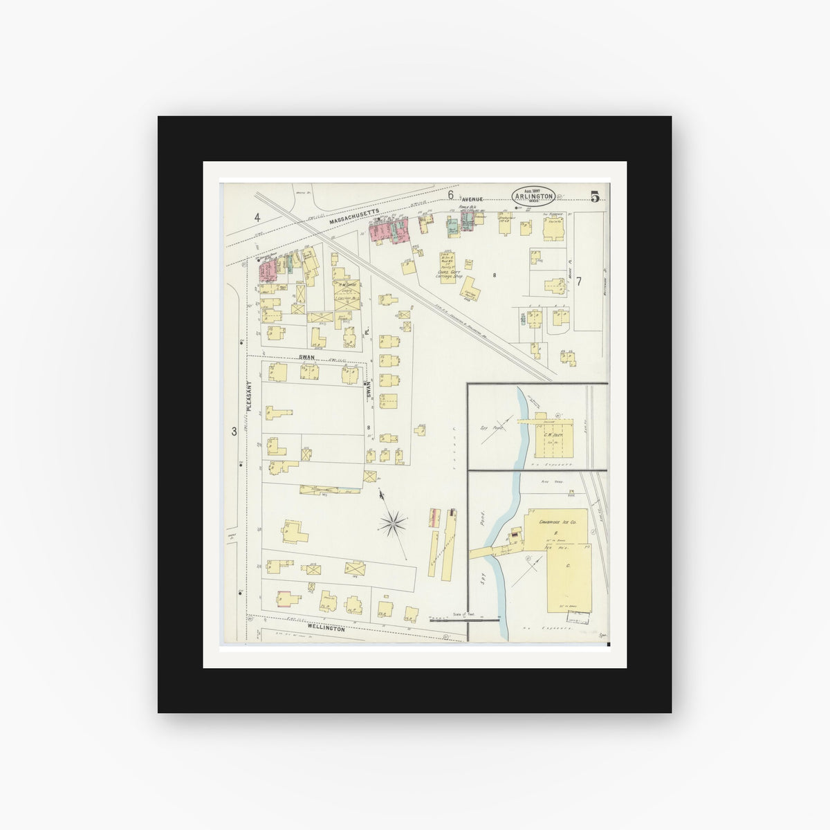 Old map wall art mockup — black gallery frame with white mat — Sanborn Fire Insurance Map from Arlington, Middlesex County, Massachusetts (1897), Sheet #0005