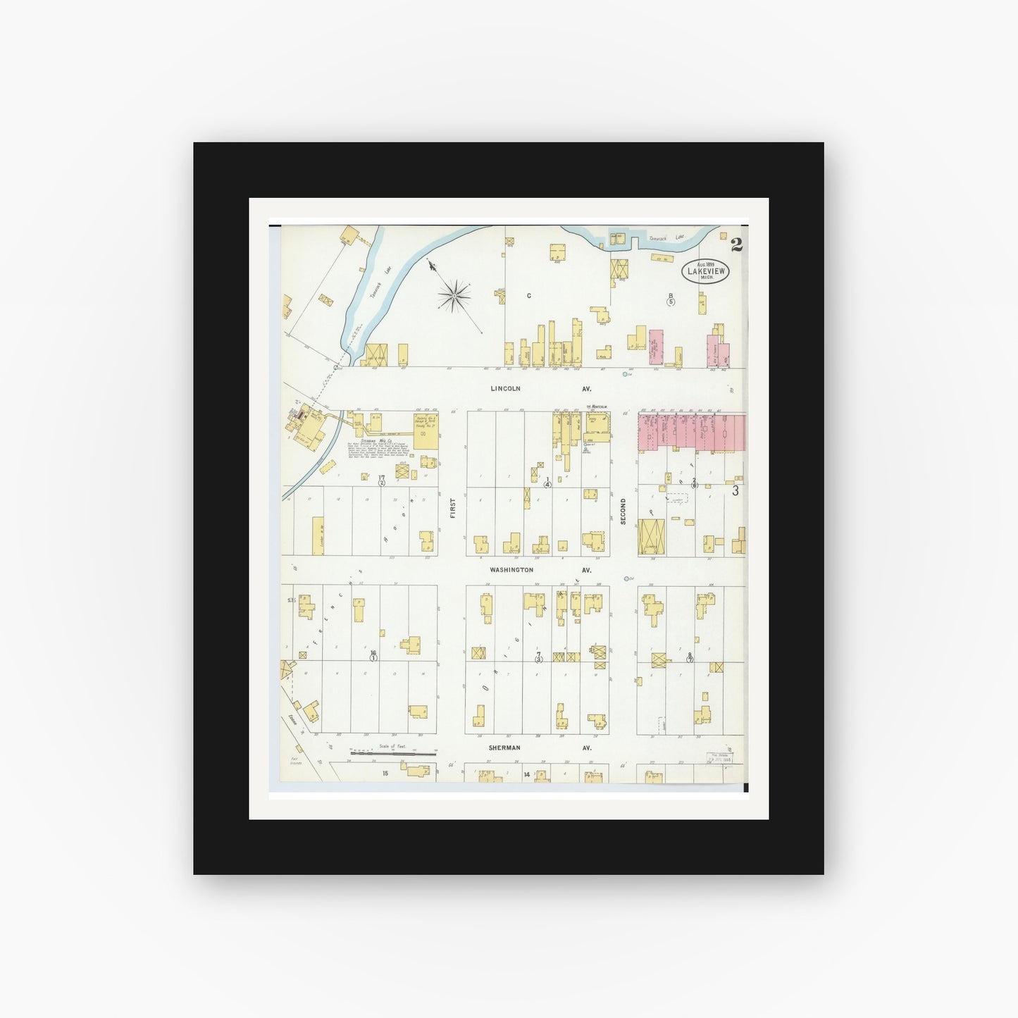 Old map wall art mockup — black gallery frame with white mat — Sanborn Fire Insurance Map from Lakeview, Montcalm County, Michigan (1899), Sheet #0002