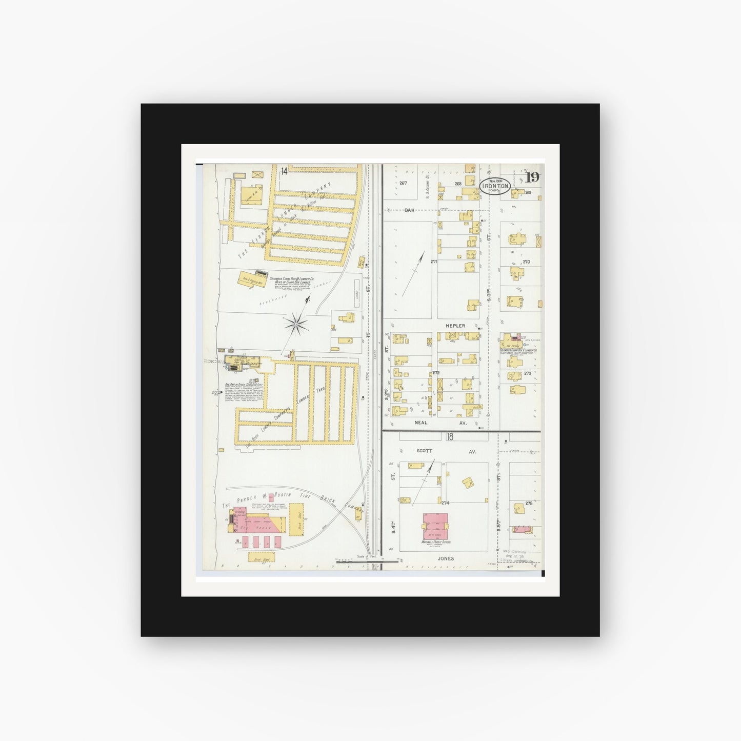 Old map wall art mockup — black gallery frame with white mat — Sanborn Fire Insurance Map from Ironton, Lawrence County, Ohio (1900), Sheet #0019