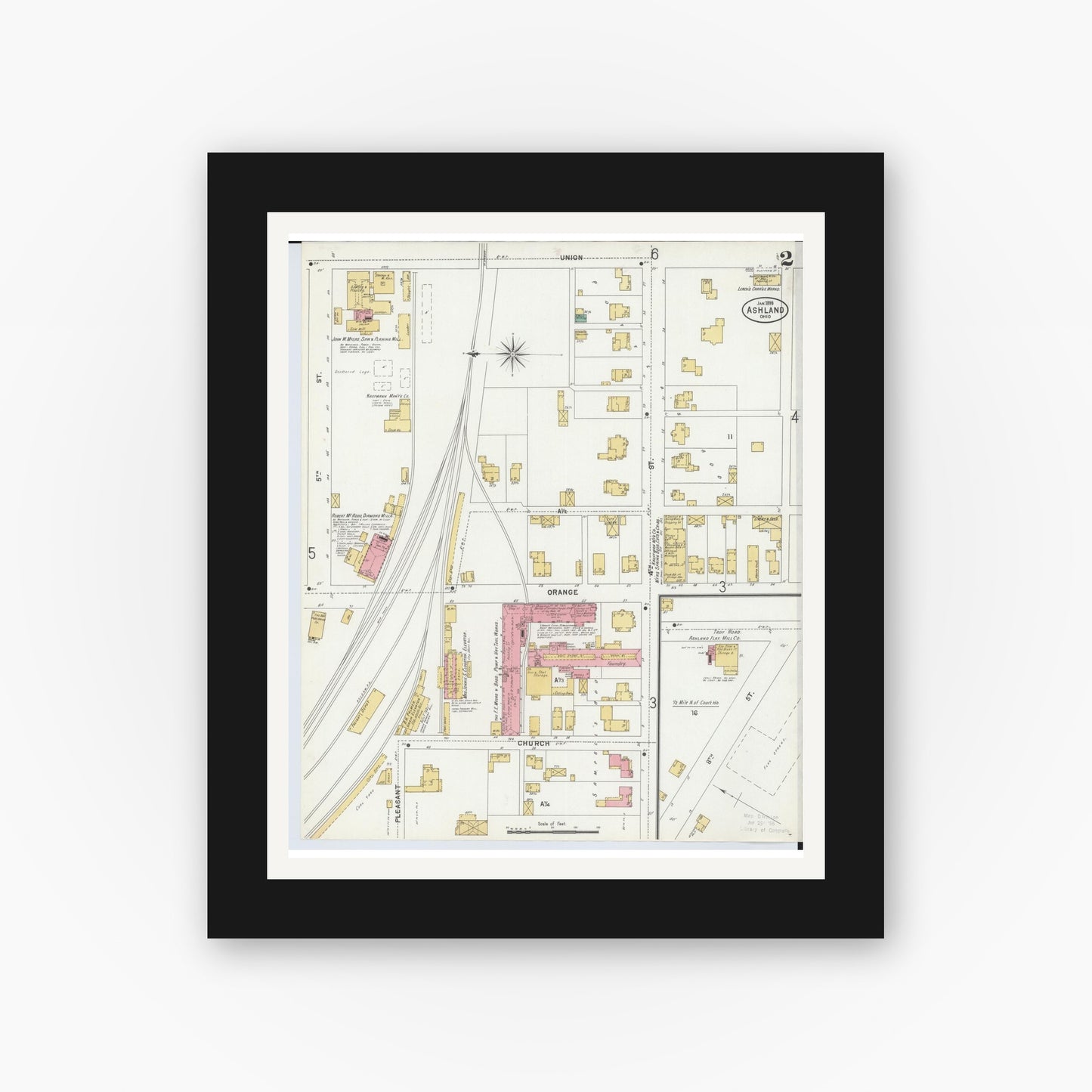 Old map wall art mockup — black gallery frame with white mat — Sanborn Fire Insurance Map from Ashland, Ashland County, Ohio (1899), Sheet #0002