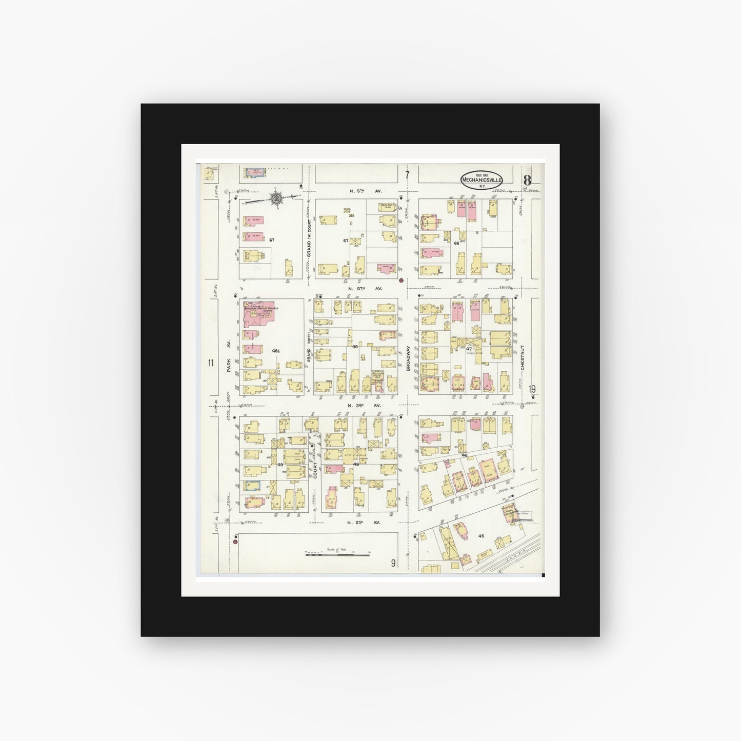 Old map wall art mockup — black gallery frame with white mat — Sanborn Fire Insurance Map from Mechanicville, Saratoga County, New York (1911), Sheet #0008